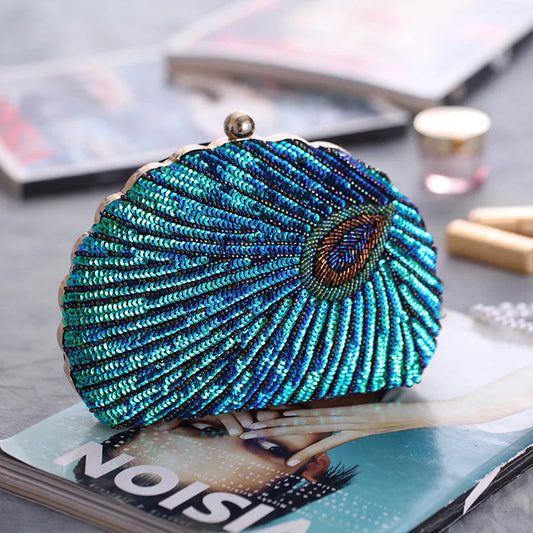 Shell Shape Sequin Clutch Bag - Embroidered Party Handbag