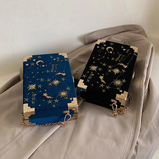 Embroidered Box Shape Clutch Bag - Chain Crossbody Evening Bag