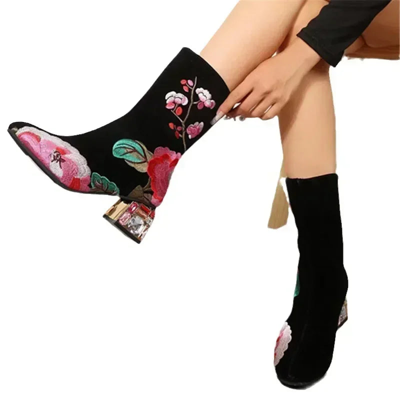 Floral Embroidered Ankle Boots - Rhinestone Square Heel Boots