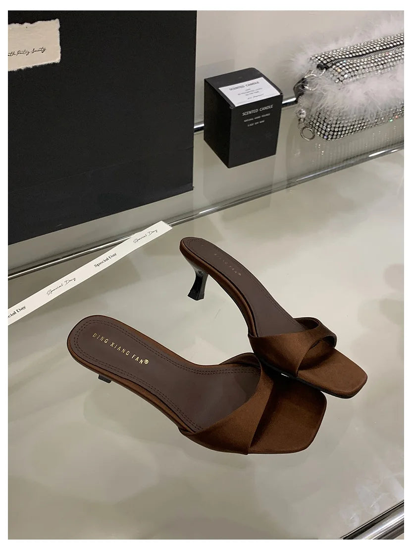 Patent Leather Open Toe Mule Heels - Slim Slip-On Sandals