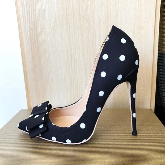 Polka Dot Satin Stiletto Pumps - Bowknot Dress Heels