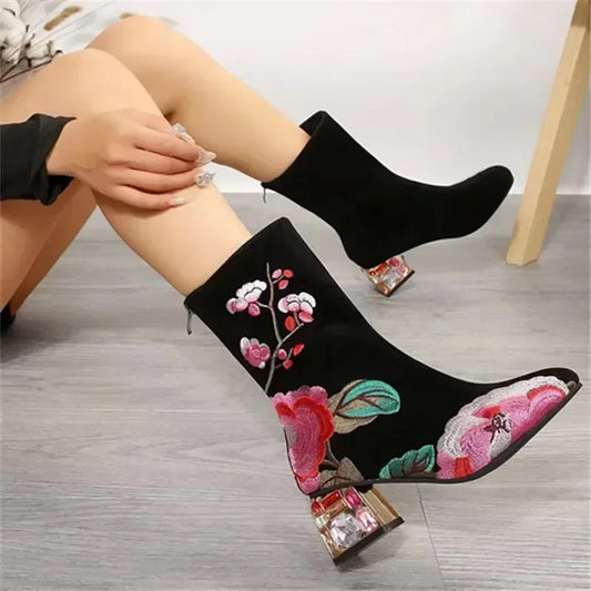 Floral Embroidered Ankle Boots - Rhinestone Square Heel Boots