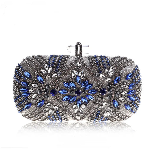 Blue Crystal Evening Clutch Bag - Rhinestone Chain Wedding Purse