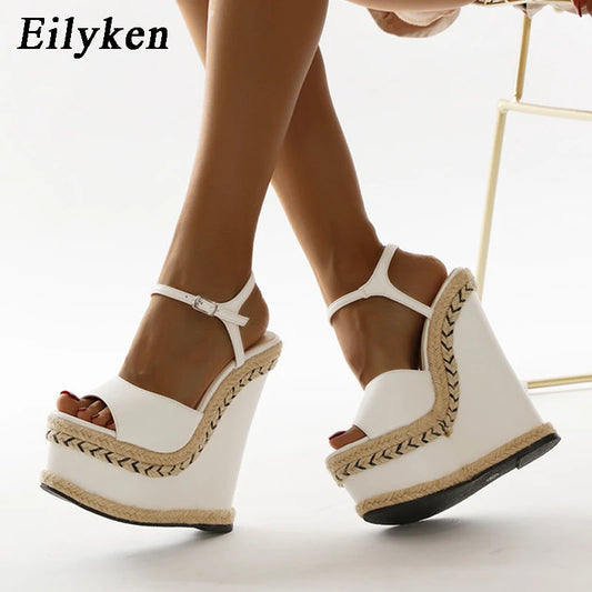 White Platform Wedge Sandals - Open Toe Buckle Heels