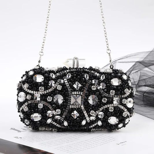 Blue Crystal Evening Clutch Bag - Rhinestone Chain Wedding Purse