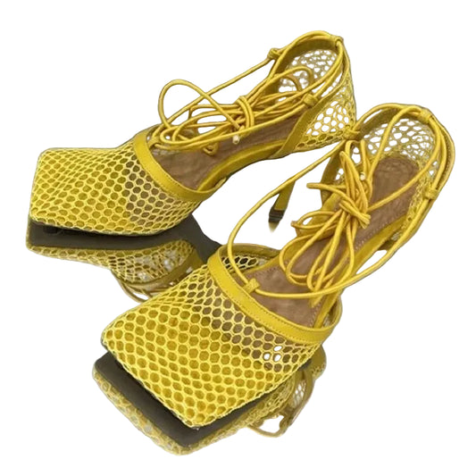 Lace-Up Mesh Pumps - Square Toe Hollow Sandals