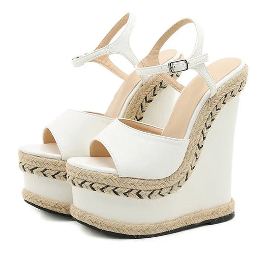 White Platform Wedge Sandals - Open Toe Buckle Heels
