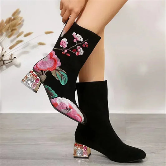 Floral Embroidered Ankle Boots - Rhinestone Square Heel Boots