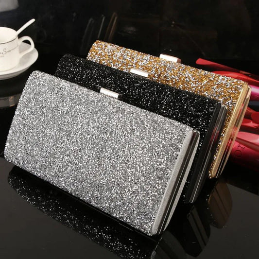 Diamond Sequin Evening Clutch Bag - Dual Chain Wedding Purse