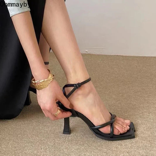 Narrow Band Ankle Strap Sandals - 7cm Thick Heel