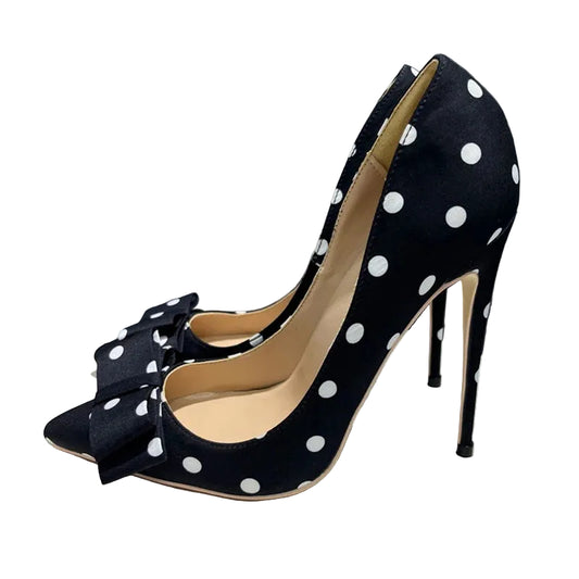 Polka Dot Satin Stiletto Pumps - Bowknot Dress Heels