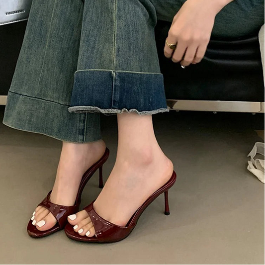 Patent Leather Open Toe Mule Heels - Slim Slip-On Sandals